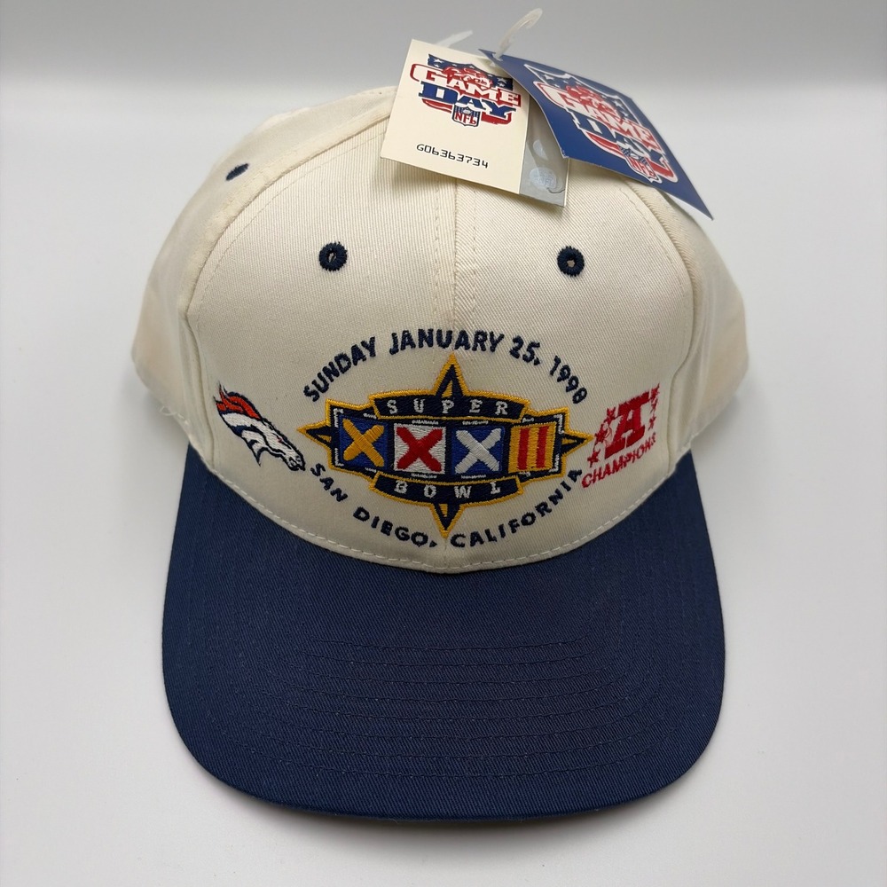 Vintage Denver Broncos Hat Men OSFA Cream Navy Snapback Super Bowl XXXII 90s NWT